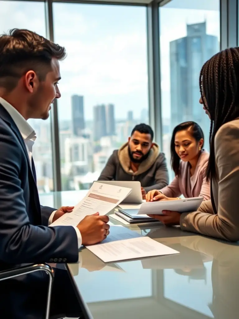 A photo of a financial advisor in Johannesburg explaining investment options to a young professional couple, emphasizing personalized service.