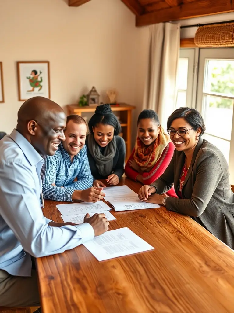 A family happily gathered around a table, discussing their financial future with a wealth management advisor.