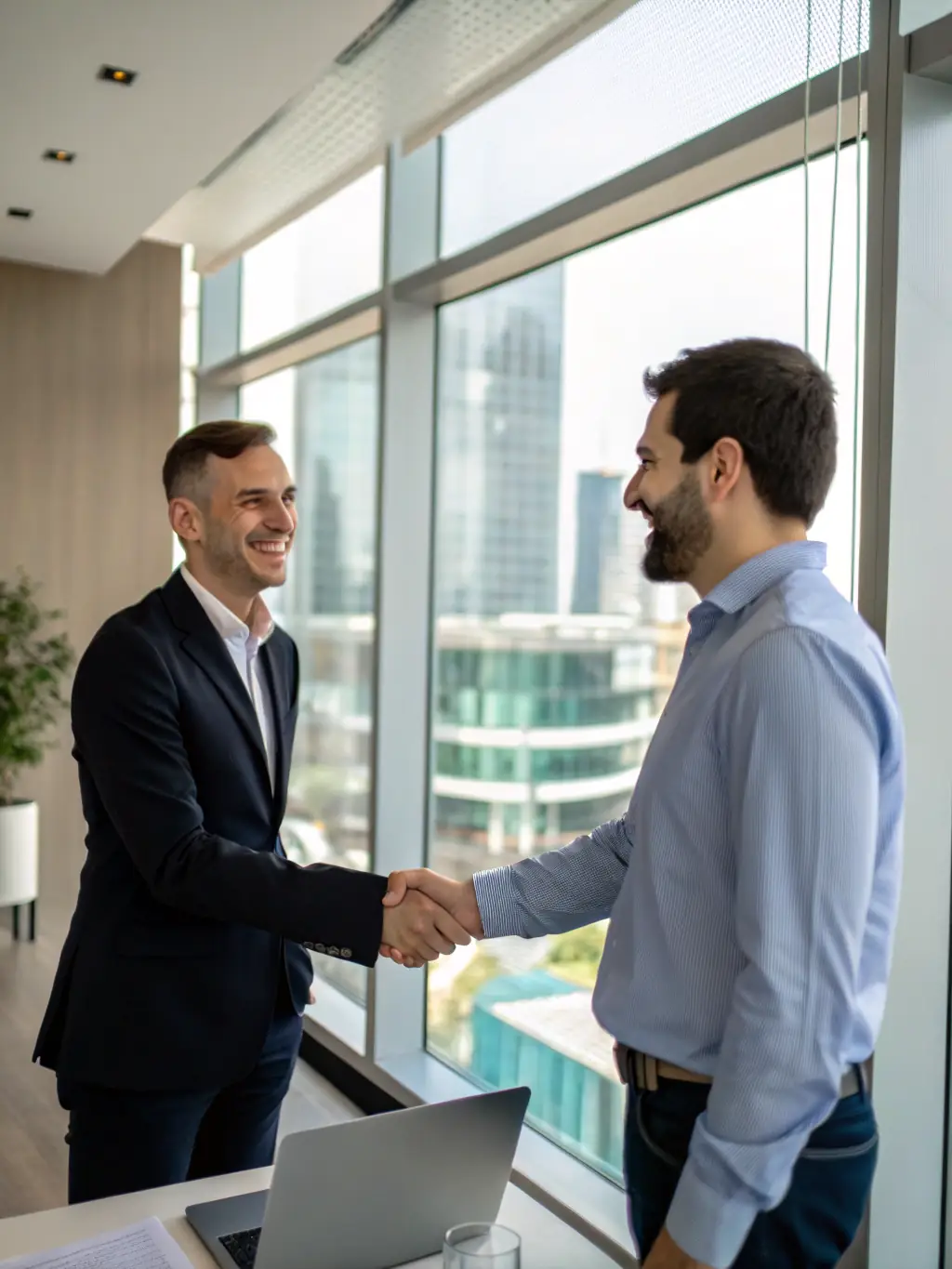 An image of a financial advisor in a modern office, shaking hands with a client over a signed investment agreement, symbolizing trust and partnership.