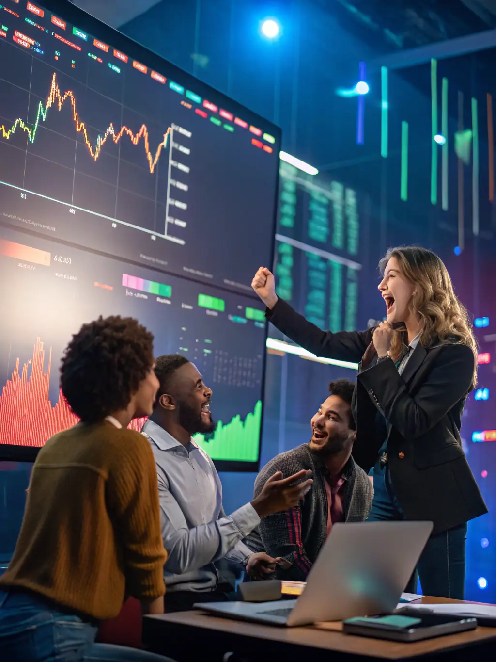 An image depicting a diverse group of South African investors analyzing market trends on a digital display, symbolizing growth and opportunity.