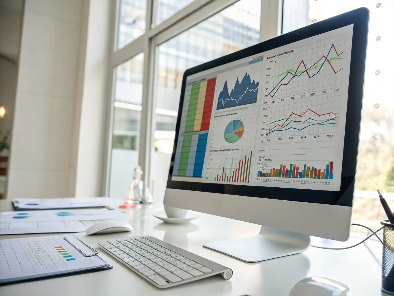 A professional financial consultant in a modern office setting, analyzing investment data on a computer screen, with charts and graphs visible, representing strategic investment planning.