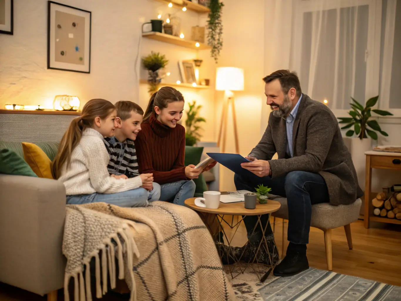 A family discussing financial plans with a consultant in a comfortable setting, emphasizing the importance of wealth management and financial security for future generations.