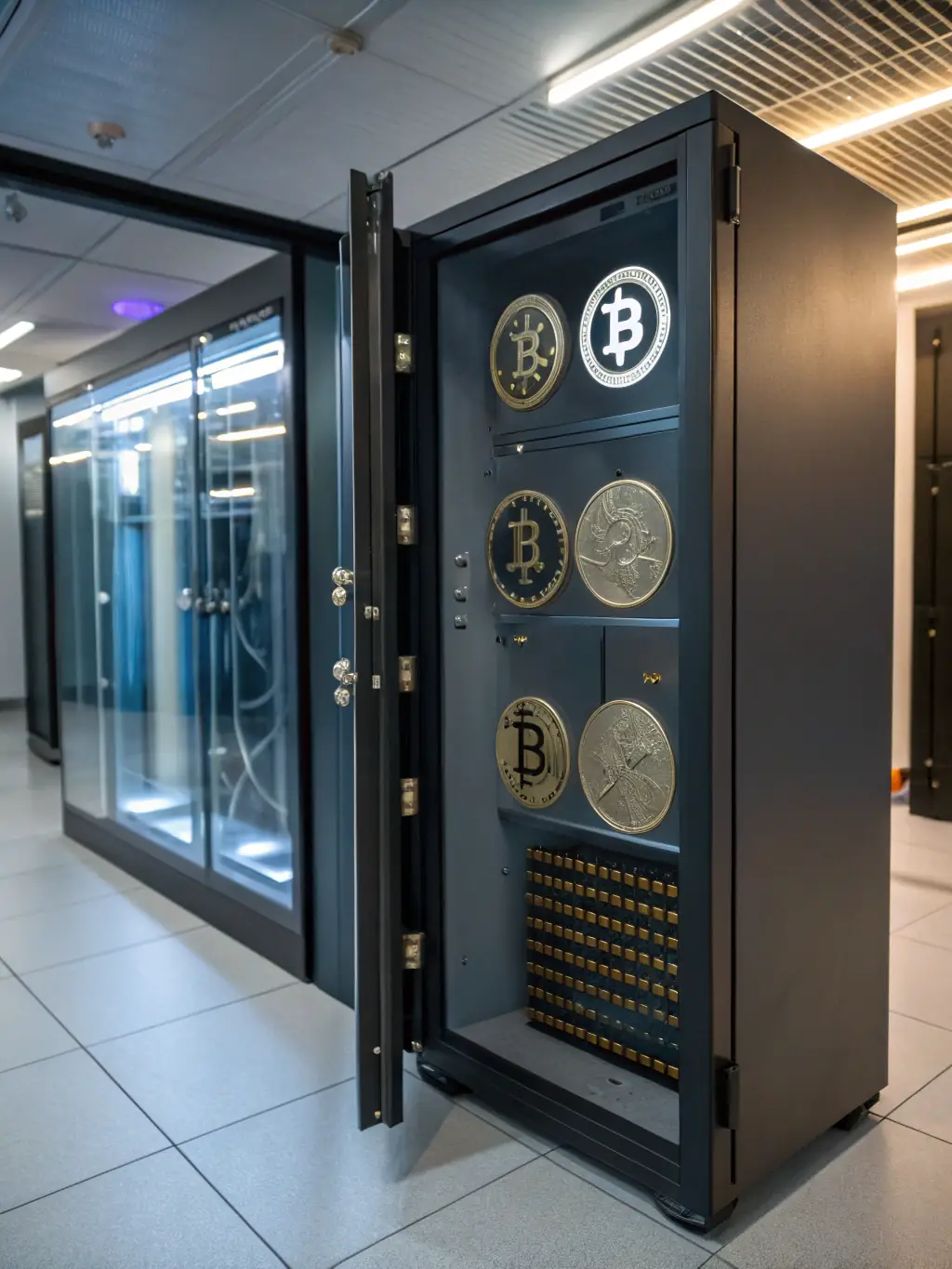 An image of a secure digital vault representing the safety and security of investments, with South African currency subtly incorporated.