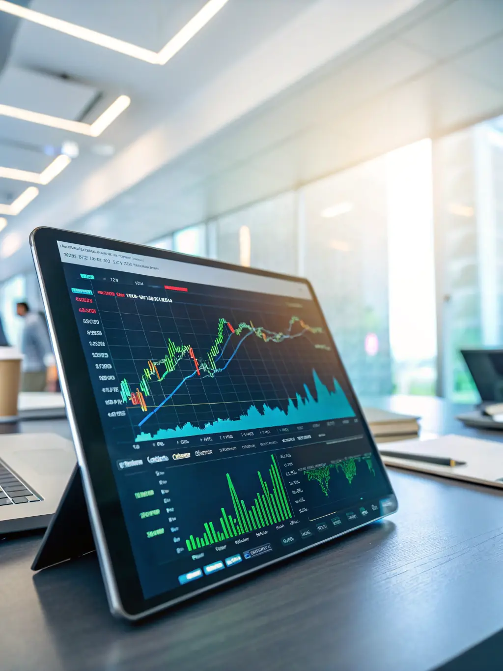 A diverse portfolio chart displayed on a tablet, showcasing various investment options and their potential returns.